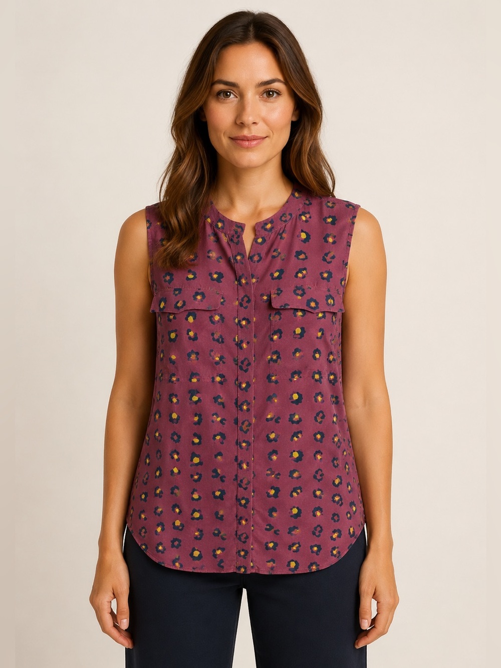 Fossil Silk Sleeveless Button Front Blouse Leopard Floral Print Size 6